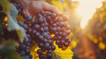 Hand harvesting ripe grape clusters in a vineyard, epitomizing the traditional wine-making process. - obrazy, fototapety, plakaty