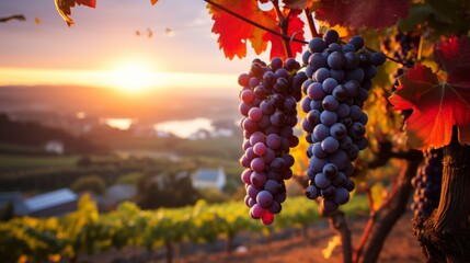 Grapes bask in the golden sunlight at sunset in a vineyard, signaling a ripe and bountiful harvest. - obrazy, fototapety, plakaty