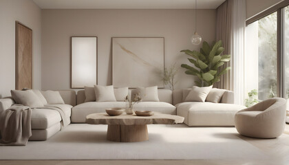 Living room interior with beige sofa, coffee table and plant. 3d rendering. Generative AI