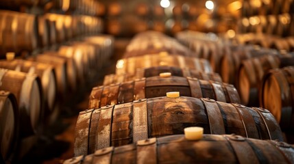 Rows of aged wooden barrels, ideal for winemaking and brewery environments.