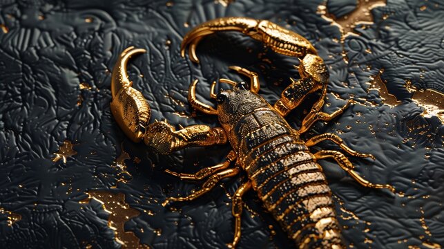 A golden scorpion on a textured surface, showcasing a metallic aesthetic with a sense of danger.