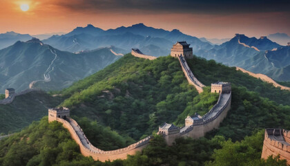 Majestic Great Wall of China over blue sky. Generative AI