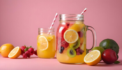 Mason jar of fruit lemonade with fresh fruits on pink background. Generative AI