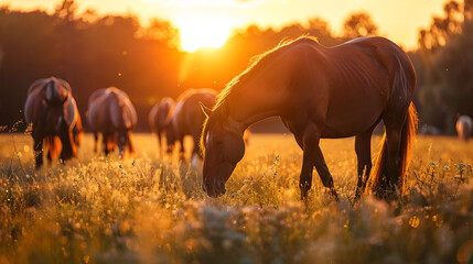 Peaceful Panoramic View Of Purebred Horses Grazing in green fields At Sunset, generated ai