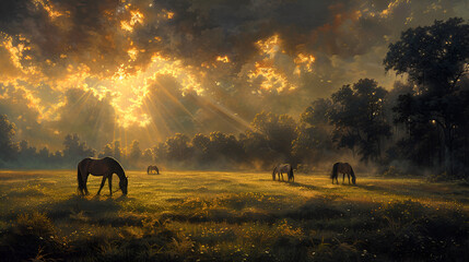 Peaceful Panoramic View Of Purebred Horses Grazing in green fields At Sunset, generated ai - obrazy, fototapety, plakaty