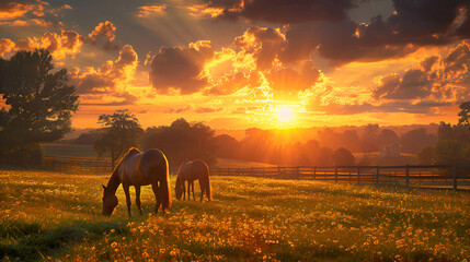 Fototapeta na wymiar Peaceful Panoramic View Of Purebred Horses Grazing in green fields At Sunset, generated ai