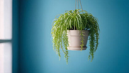 Potted houseplant hanging on a blue wall, 3d rendering. Generative AI