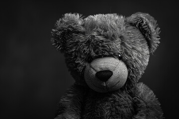 A black and white portrait of a mischievous teddy bear, with a single button eye winking at the viewer. - obrazy, fototapety, plakaty