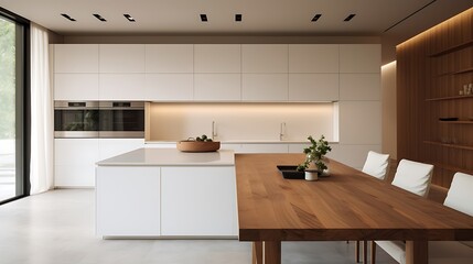 Minimalist white cabinetry contrasting with warm wooden accents, creating a welcoming atmosphere in a contemporary kitchen space