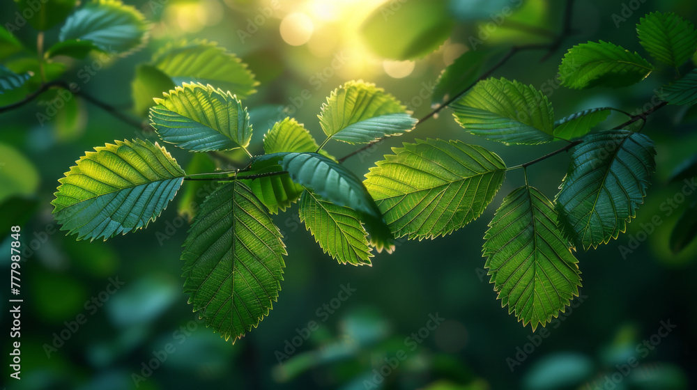 Wall mural spring background, green tree leaves on blurred background.