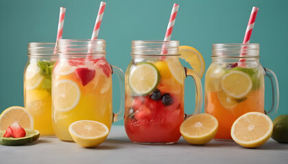 Refreshing lemonade with fruits and berries in mason jars. Generative AI - obrazy, fototapety, plakaty