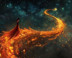 Phoenix Feather flames outline the paths of Twilight Tornado pilgrims - obrazy, fototapety, plakaty