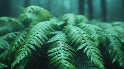 Green ferns in a dark forest.