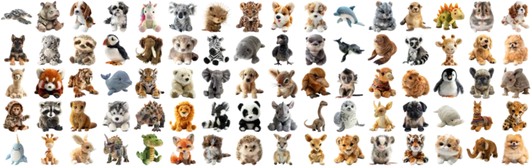  Big set of cute fluffy animal dolls for nursery and children toys, many animal plush dolls photo collection set, isolated background AIG44 © Summit Art Creations