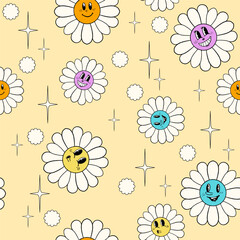 seamless pattern of cartoon flowers with faces, botanical seamless patterns, groovy seamless patterns, can be used for printing on fabric, wallpaper, digital decoration,