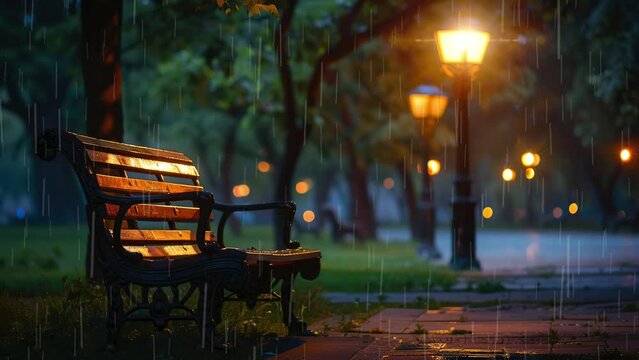 Bench in a park at night illuminated by lanterns.