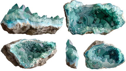 Hemimorphite digital art collection showcasing isolated gemstones with a transparent background: a top view of vibrant blue and green crystals perfect for luxurious design elements.