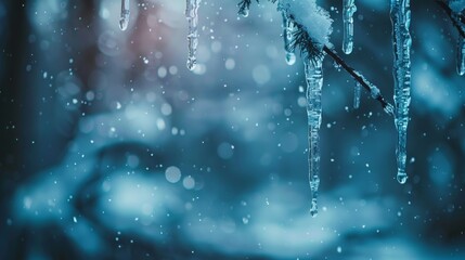 Icicles hanging with a backdrop of falling snow, conveying the cold and stillness of winter. - obrazy, fototapety, plakaty