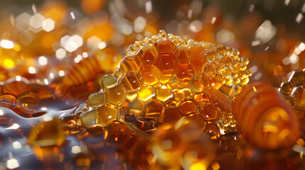 Close-up of golden honey dripping from a spoon, evoking the natural sweetness and texture of honey.