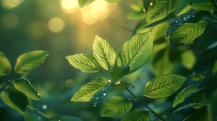 Spring background, green tree leaves on blurred background.