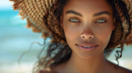 Beautiful black woman with blue eyes in a straw hat against the backdrop of a paradise beach.