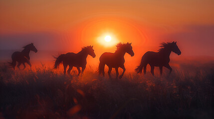 Fototapeta na wymiar Thoroughbred horses walking in a field at sunrise or sunsetting, ai generated