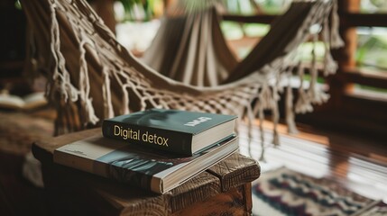 Book titled Digital Detox as a symbol of choosing traditional reading over digital consumption for mental health and relaxation. - obrazy, fototapety, plakaty