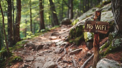 A rustic wooden sign among trees in a lush forest, with the phrase No WiFi painted on it, symbolizing a digital detox or disconnected zone in nature.