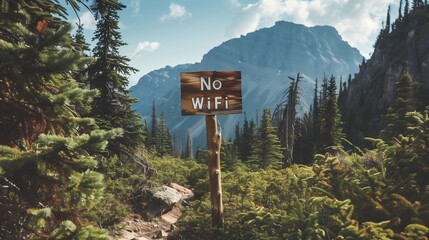 Wooden sign prominently displays the message No WiFi against a breathtaking mountainous backdrop, symbolizing the growing trend of digital detox and the pursuit of offline adventures in nature.