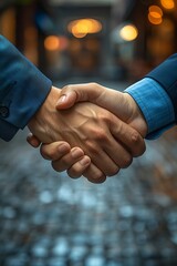 Fototapeta premium Firm Handshake on Urban Cobblestone Background