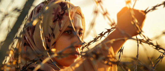 A woman, draped in a headscarf, forcefully tears at barbed wire-a potent symbol of her resistance against tyranny and oppression. - obrazy, fototapety, plakaty