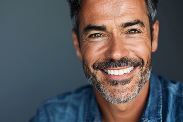 Joyful man with grey beard in denim