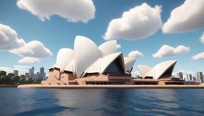 Sydney Opera House on the water. 3D rendering. Generative AI