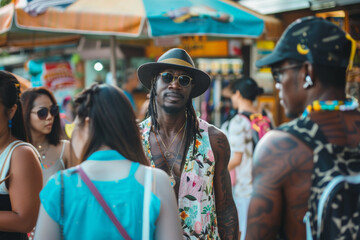 Obraz premium Stylish man in floral shirt at market