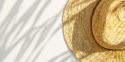 Straw hat casting a shadow on a white surface, suggestive of summer and leisure.