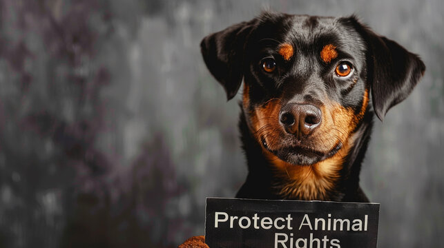 A banner with the text "Protect Animal Rights" and a picture of a dog with a tear in its eye.