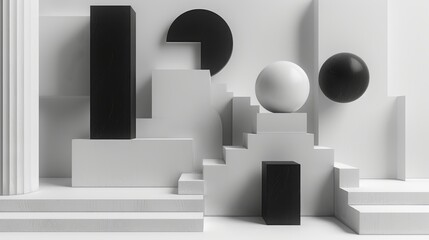 A monochromatic composition of geometric shapes creating an abstract and minimalist design.