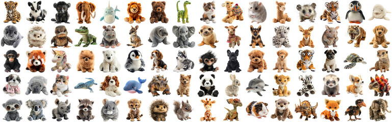 Big set of cute fluffy animal dolls for nursery and children toys, many animal plush dolls photo...