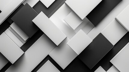 Abstract geometric pattern of overlapping black, white, and gray rectangles creating a dynamic background. - obrazy, fototapety, plakaty