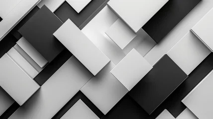 Fotobehang Abstract geometric pattern of overlapping black, white, and gray rectangles creating a dynamic background. © Wit_Photo