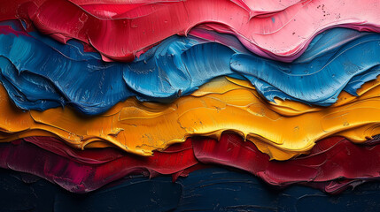 Abstract waves, layers of yellow blue red paint for background and design.