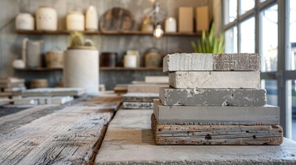 Inside a modern ceramic studio, handcrafted pottery pieces are displayed on rustic wood tables, highlighting the blend of art and craftsmanship.