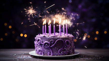 Purple birthday celebration cake with sparkler - Powered by Adobe