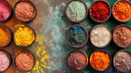 Various colored powders in bowls, spread over a surface, artistically showcasing the pigments used in cultural and festive celebrations.