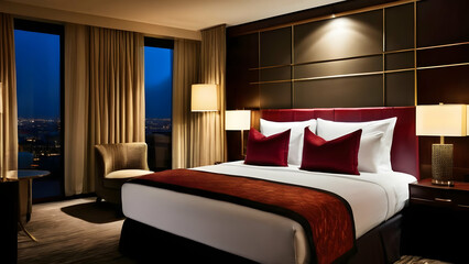A Spacious Hotel Room Bathed in Soft Morning Light Showcases a Plush Bed and Inviting Window Seat