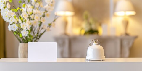 A hotel reception desk featuring a bell and vase of white flowers, a welcoming symbol of hospitality and service. - obrazy, fototapety, plakaty