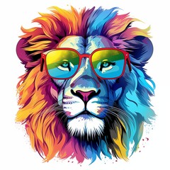 Abstract painting with vibrant colors. Cartoon lion with sunglasses on white background. AI generated