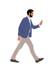 Business man walking side view, holding mobile phone. Handsome bearded man in suit using smartphone, texting, chatting. Male cartoon character Vector realistic illustration on transparent background.