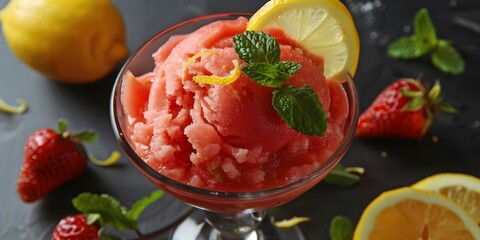 Chilled Lemon-Strawberry Sorbet: Refreshing Summer Dessert Food Photography