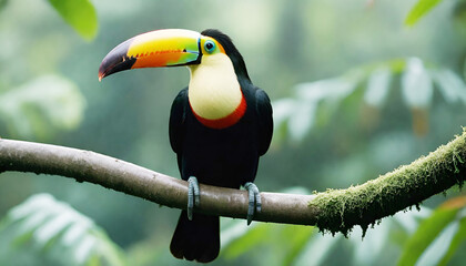 Obraz premium Toucan sitting on the branch in the forest, green vegetation, Costa Rica. Nature travel in central America. Two Keel-billed Toucan bird image in wildlife